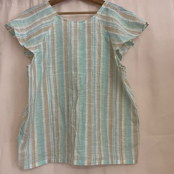 French Laundry Green Blue Ruffled Bib Collar Blouse - Picture 6 of 8